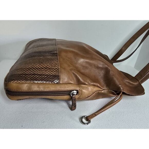 ili New York Brown Leather Drawstring Shoulder Bag Handbag Side Pockets Roomy - Picture 5 of 14